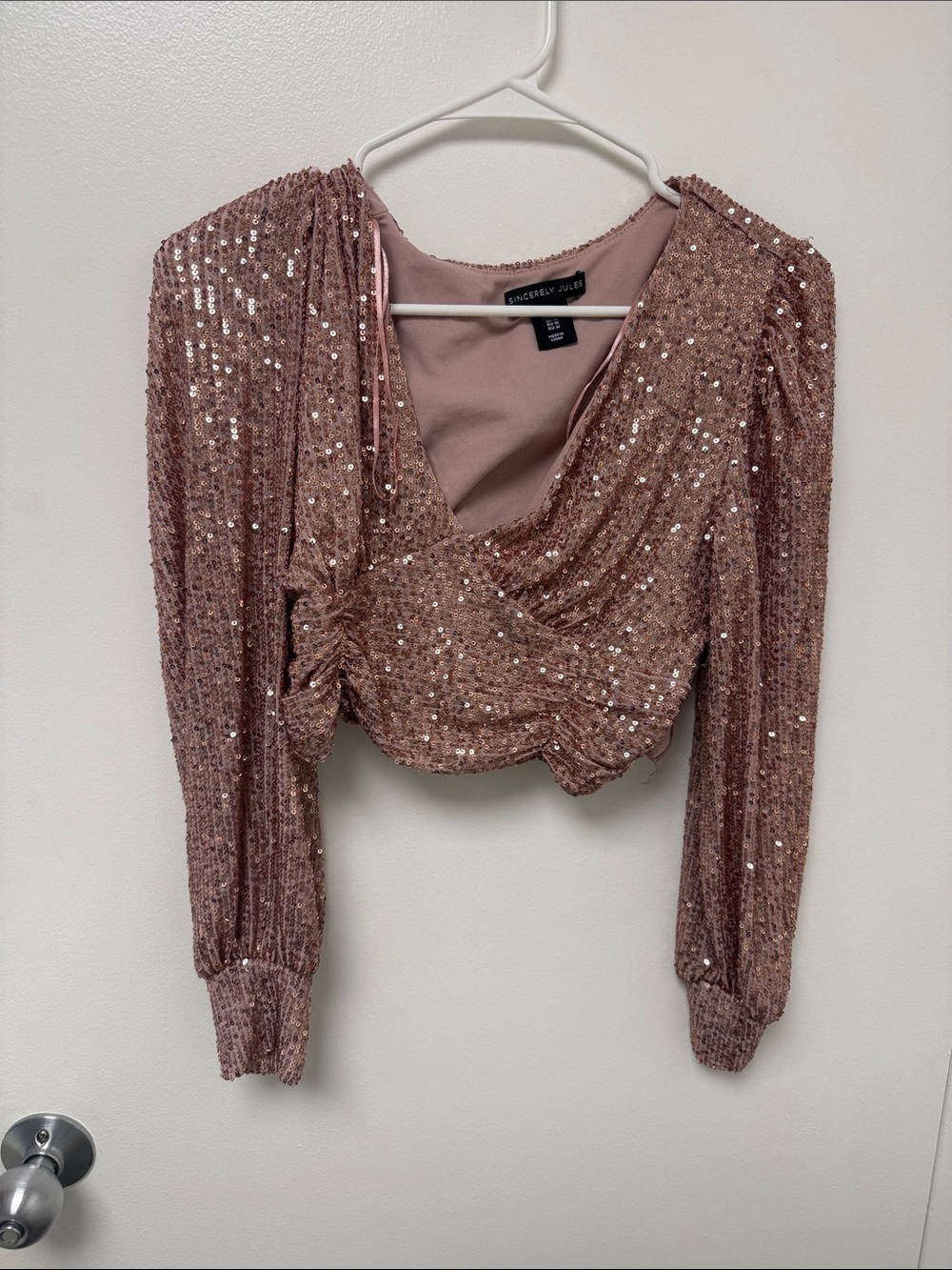 Sincerly Jules Blush Sequin Draped Crop Top